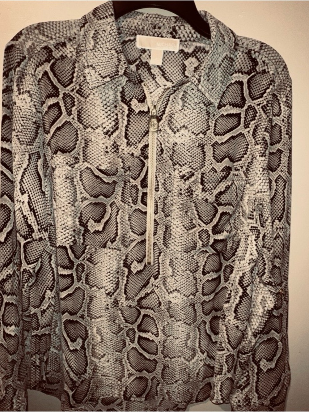 Michael Kors Gold-Zip Snake Print Jacket in Beige & Black
